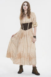 Robe Punk Femme Longue à Ourlet en Dentelle, Taille Haute, Manches Bouffantes Plongeantes Abricot